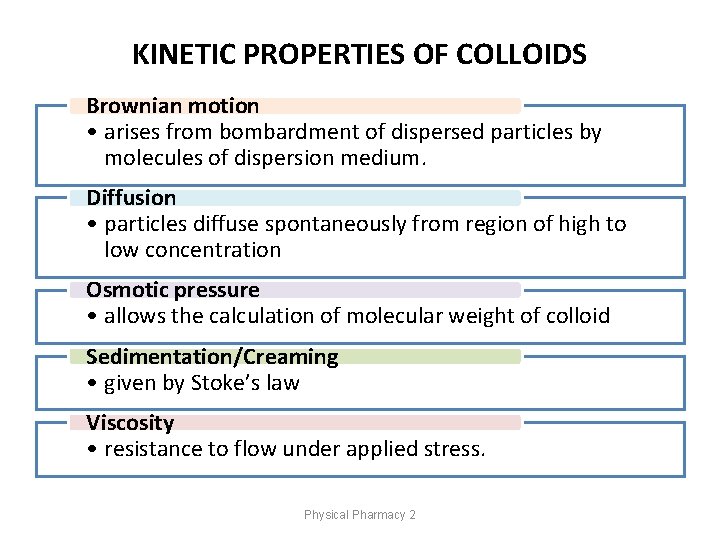 KINETIC PROPERTIES OF COLLOIDS Brownian motion • arises from bombardment of dispersed particles by KINETIC PROPERTIES OF COLLOIDS Brownian motion • arises from bombardment of dispersed particles by