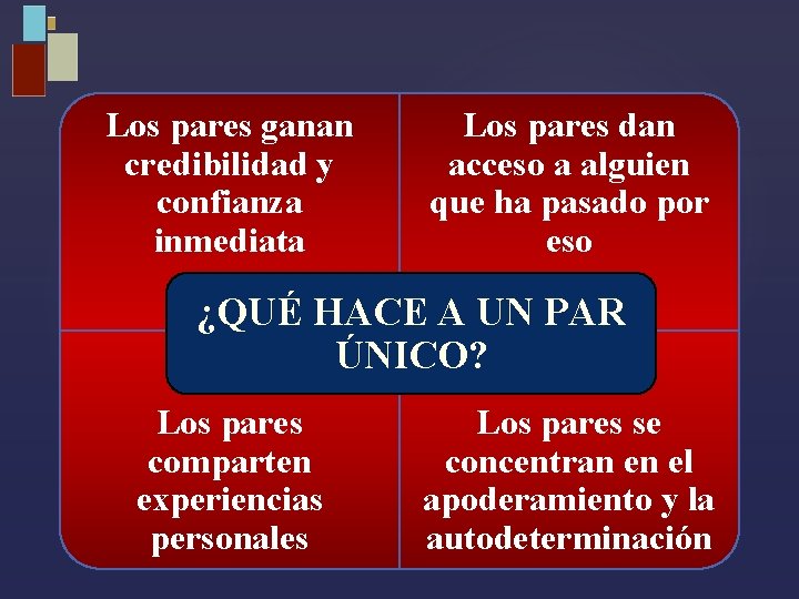 Los pares ganan credibilidad y confianza inmediata Los pares dan acceso a alguien que