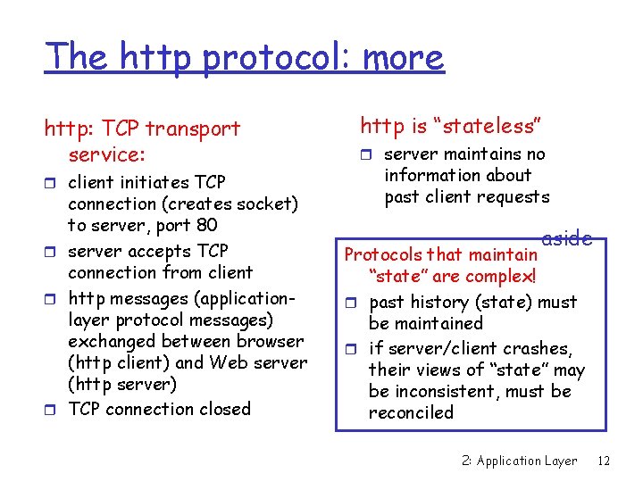 The http protocol: more http: TCP transport service: r client initiates TCP connection (creates