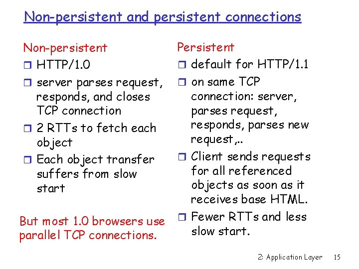 Non-persistent and persistent connections Non-persistent r HTTP/1. 0 r server parses request, responds, and