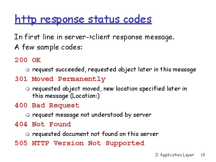 http response status codes In first line in server->client response message. A few sample
