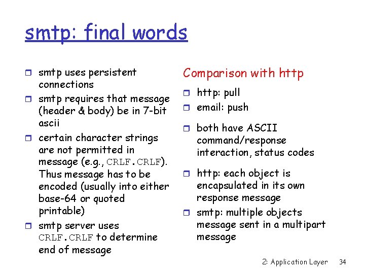 smtp: final words r smtp uses persistent connections r smtp requires that message (header