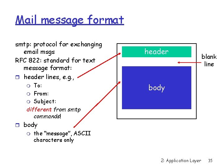 Mail message format smtp: protocol for exchanging email msgs RFC 822: standard for text