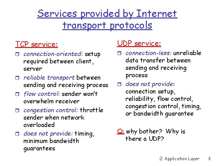 Services provided by Internet transport protocols TCP service: r connection-oriented: setup r r required