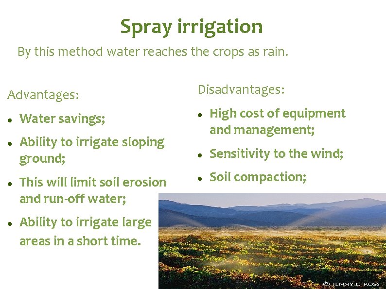 Spray irrigation By this method water reaches the crops as rain. Advantages: Water savings;