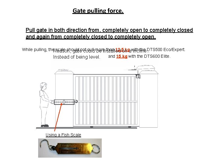 Gate pulling force. Pull gate in both direction from, completely open to completely closed