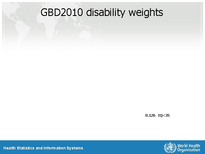 GBD 2010 disability weights 0. 126 IQ<35 Health Statistics and Information Systems 