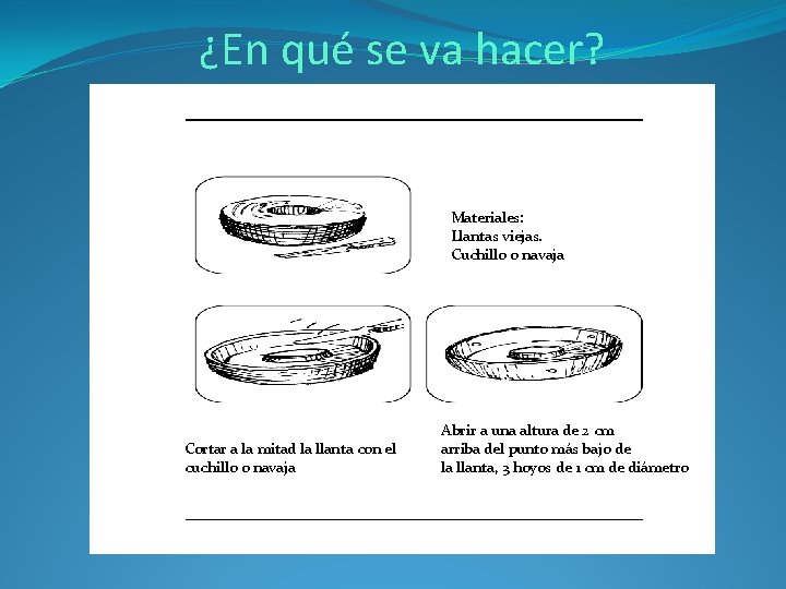 ¿En qué se va hacer? Cortar a la mitad la llanta con el cuchillo