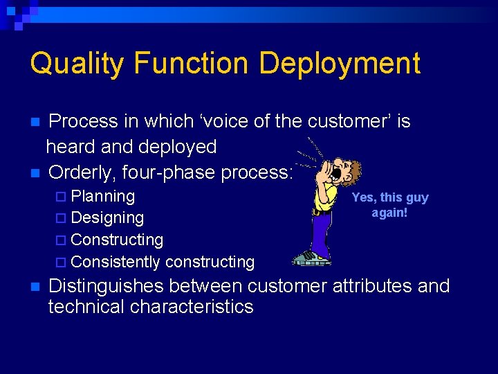 Quality Function Deployment Process in which ‘voice of the customer’ is heard and deployed