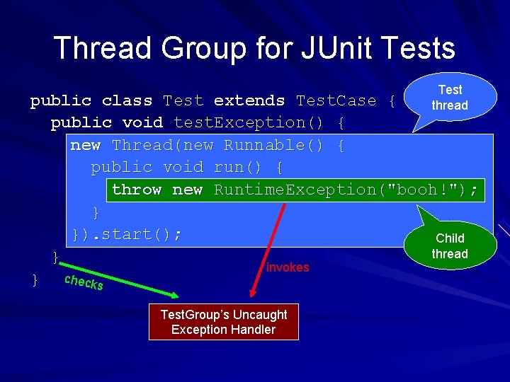 Thread Group for JUnit Tests Test thread public class Test extends Test. Case {