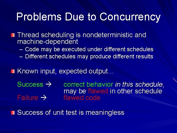 Problems Due to Concurrency Thread scheduling is nondeterministic and machine-dependent – Code may be