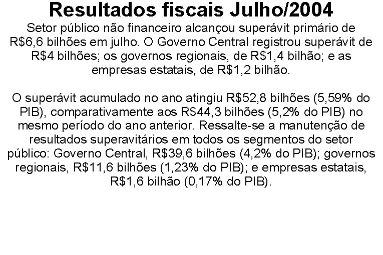 Resultados fiscais Julho/2004 Setor público não financeiro alcançou superávit primário de R$6, 6 bilhões