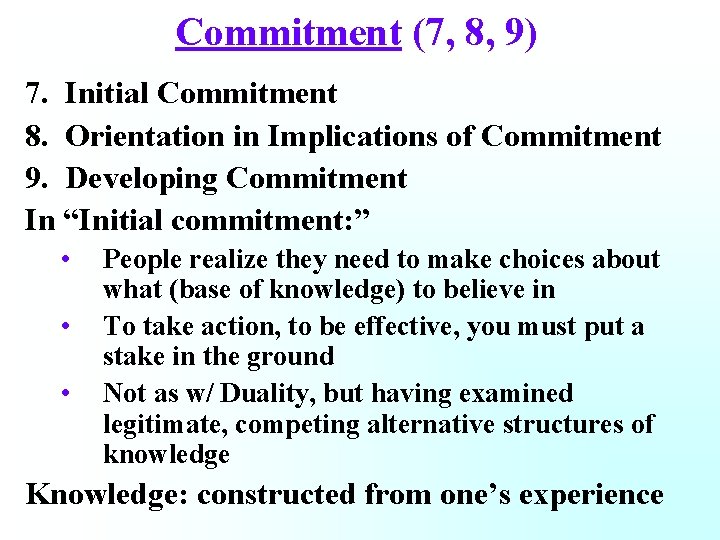 Commitment (7, 8, 9) 7. Initial Commitment 8. Orientation in Implications of Commitment 9.