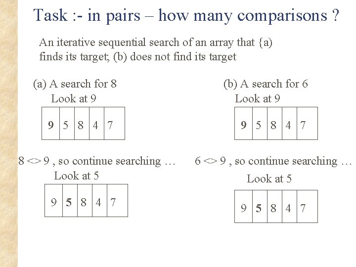 Task : - in pairs – how many comparisons ? An iterative sequential search