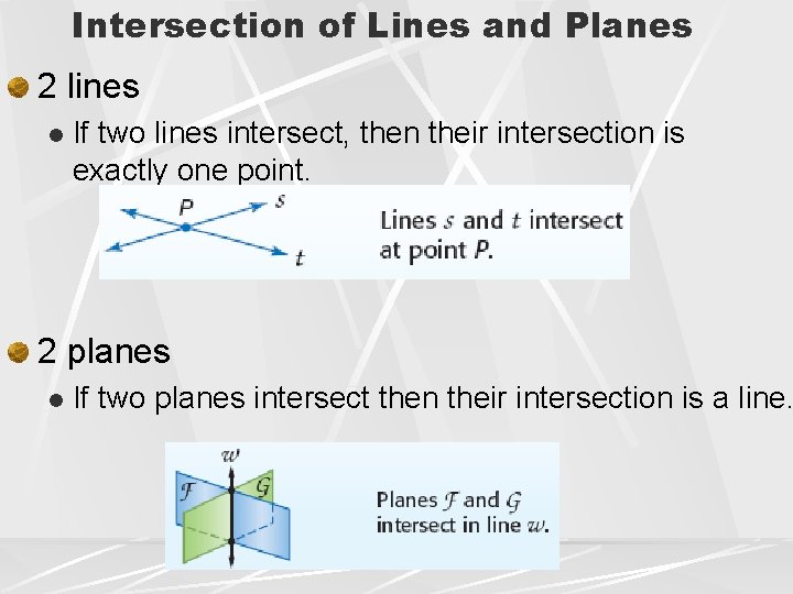 Intersection of Lines and Planes 2 lines l If two lines intersect, then their