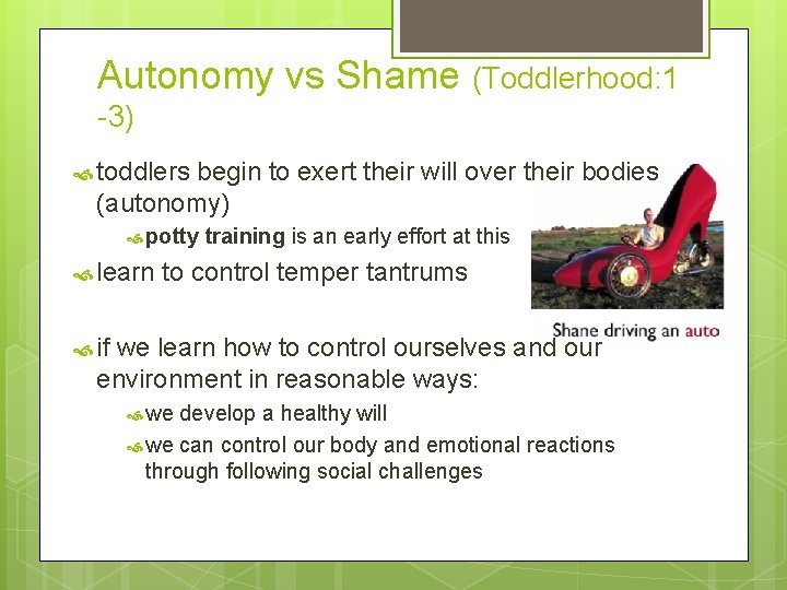 Autonomy vs Shame (Toddlerhood: 1 -3) toddlers begin to exert their will over their