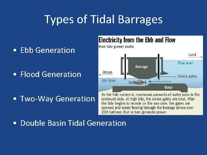 Types of Tidal Barrages • Ebb Generation • Flood Generation • Two-Way Generation •