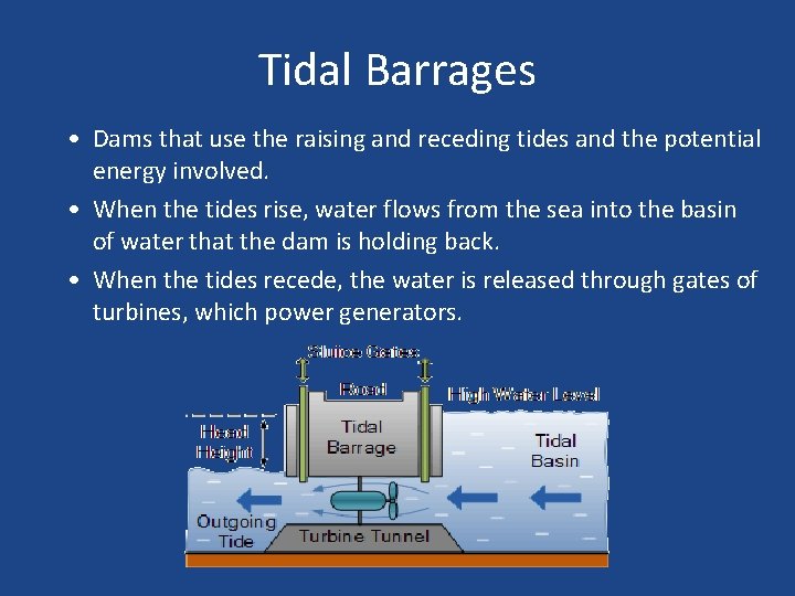 Tidal Barrages • Dams that use the raising and receding tides and the potential