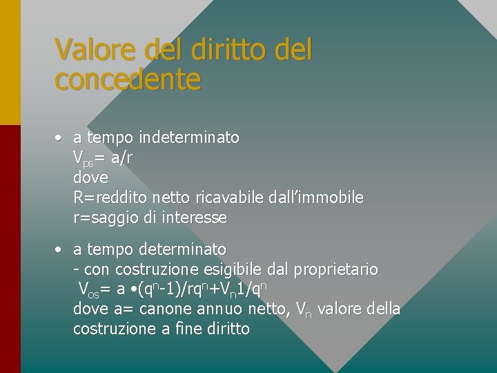 Valore del diritto del concedente • a tempo indeterminato Vps= a/r dove R=reddito netto Valore del diritto del concedente • a tempo indeterminato Vps= a/r dove R=reddito netto