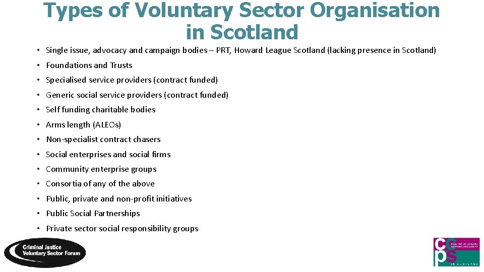 Types of Voluntary Sector Organisation in Scotland • Single issue, advocacy and campaign bodies