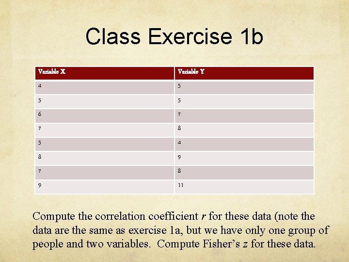 Class Exercise 1 b Variable X Variable Y 4 5 5 5 6 7 Class Exercise 1 b Variable X Variable Y 4 5 5 5 6 7