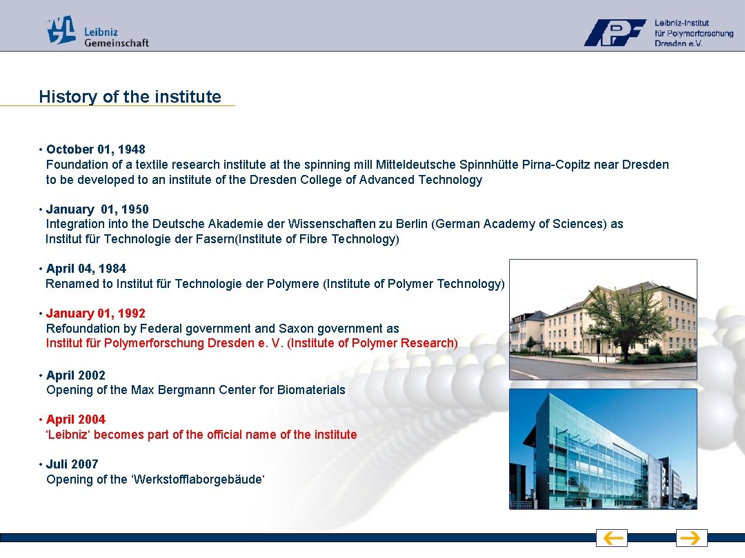 History of the institute • October 01, 1948 Foundation of a textile research institute