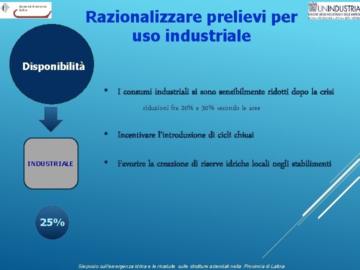 Razionalizzare prelievi per uso industriale Disponibilità • I consumi industriali si sono sensibilmente ridotti