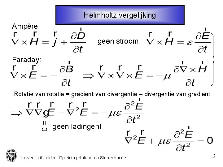 Helmholtz vergelijking Ampère: geen stroom! Faraday: Rotatie van rotatie = gradient van divergentie –