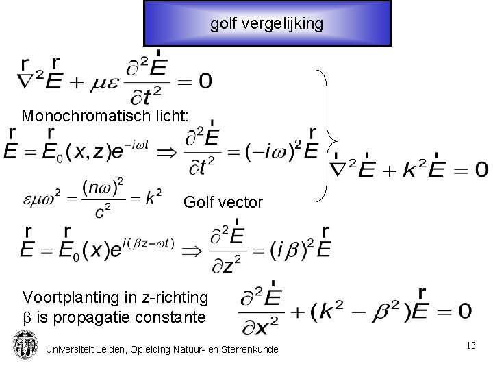 golf vergelijking Monochromatisch licht: Golf vector Voortplanting in z-richting b is propagatie constante Universiteit