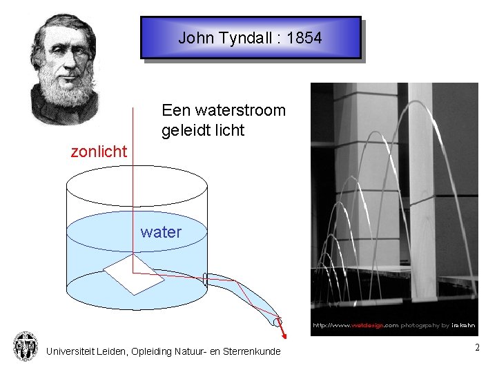 John Tyndall : 1854 Een waterstroom geleidt licht zonlicht water Universiteit Leiden, Opleiding Natuur-