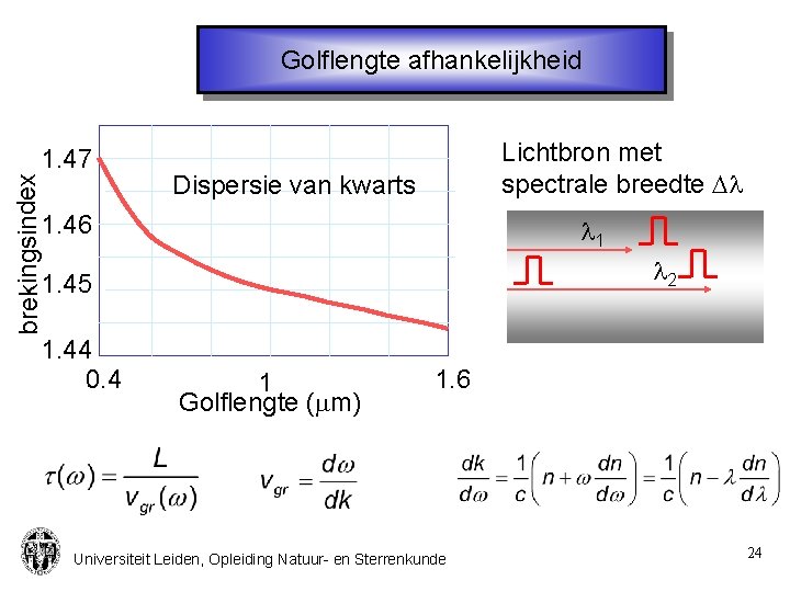 Golflengte afhankelijkheid brekingsindex 1. 47 Lichtbron met spectrale breedte Dl Dispersie van kwarts 1.