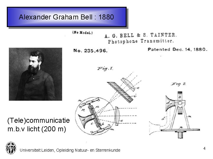 Alexander Graham Bell : 1880 (Tele)communicatie m. b. v licht (200 m) Universiteit Leiden,