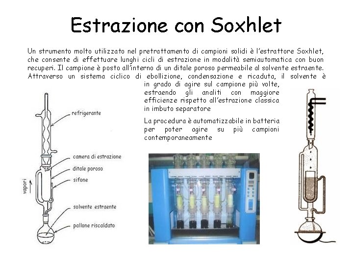 Estrazione con Soxhlet Un strumento molto utilizzato nel pretrattamento di campioni solidi è l’estrattore