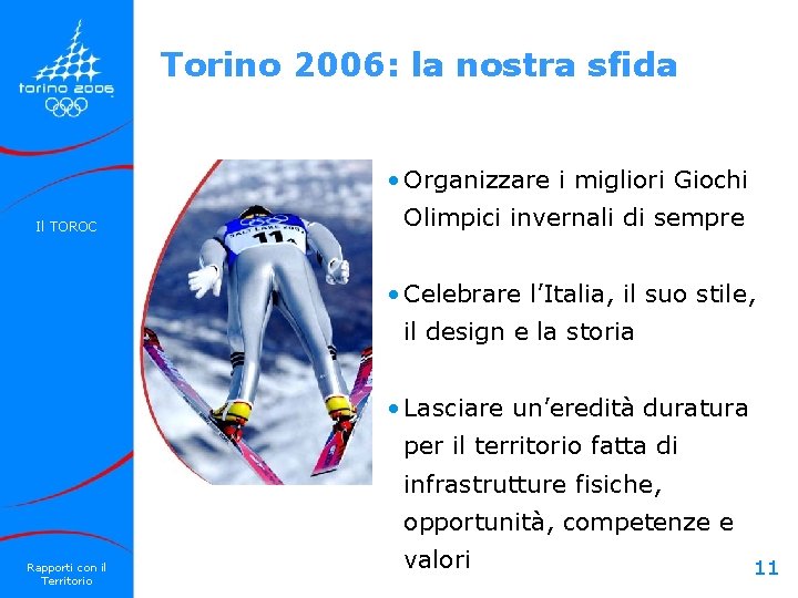 Torino 2006: la nostra sfida • Organizzare i migliori Giochi Il TOROC Olimpici invernali Torino 2006: la nostra sfida • Organizzare i migliori Giochi Il TOROC Olimpici invernali