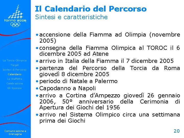 Il Calendario del Percorso Sintesi e caratteristiche La Torcia Olimpica Target Ipotesi di Percorso Il Calendario del Percorso Sintesi e caratteristiche La Torcia Olimpica Target Ipotesi di Percorso