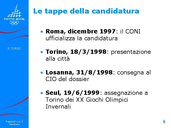 Le tappe della candidatura • Roma, dicembre 1997: il CONI ufficializza la candidatura Il Le tappe della candidatura • Roma, dicembre 1997: il CONI ufficializza la candidatura Il