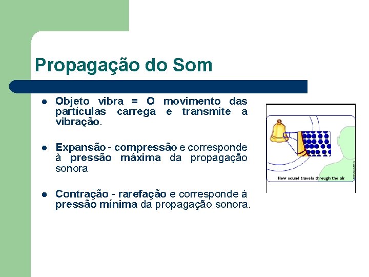 Propagação do Som l Objeto vibra = O movimento das partículas carrega e transmite