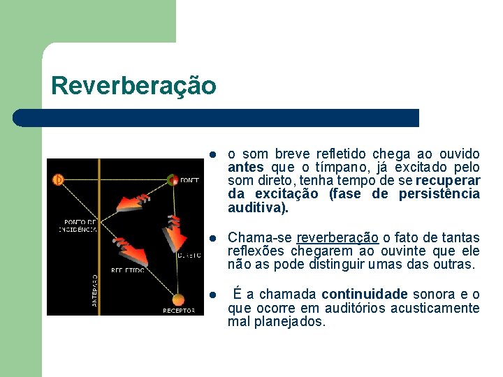 Reverberação l o som breve refletido chega ao ouvido antes que o tímpano, já