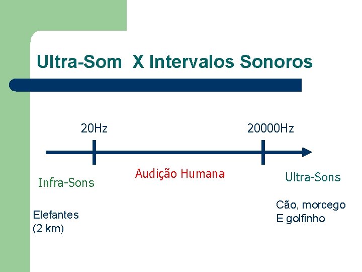 Ultra-Som X Intervalos Sonoros 20 Hz Infra-Sons Elefantes (2 km) 20000 Hz Audição Humana