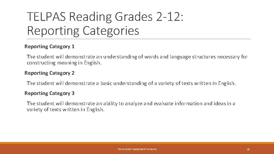 TELPAS Reading Grades 2 -12: Reporting Categories Reporting Category 1 The student will demonstrate