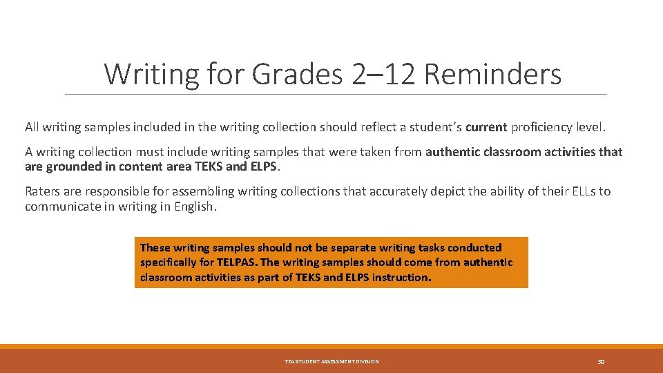 Writing for Grades 2– 12 Reminders All writing samples included in the writing collection