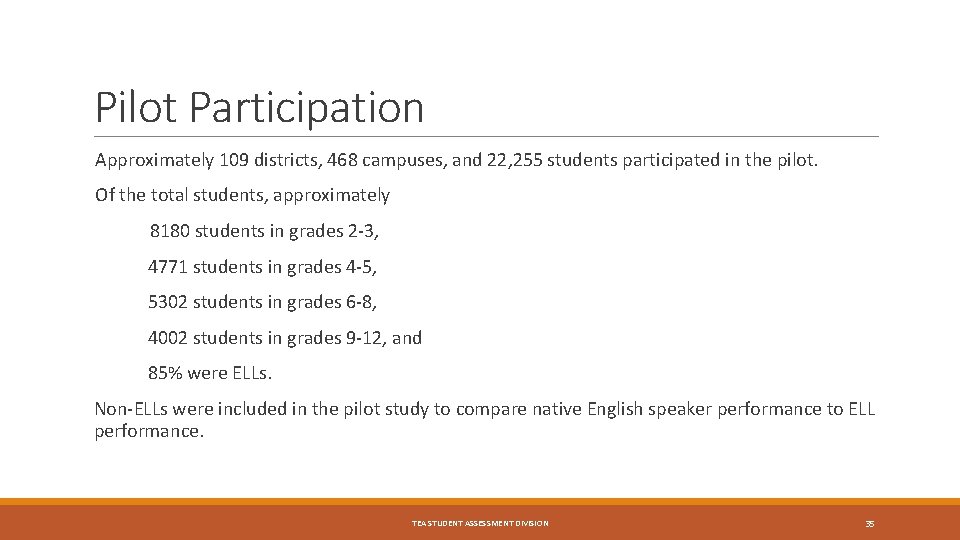 Pilot Participation Approximately 109 districts, 468 campuses, and 22, 255 students participated in the