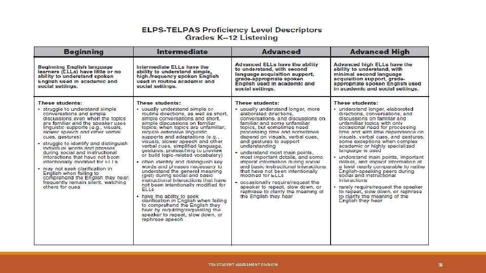 TEA STUDENT ASSESSMENT DIVISION 38 