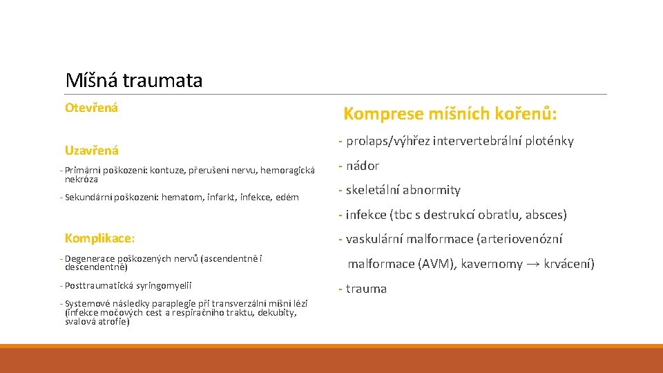 Míšná traumata Otevřená Uzavřená - Primární poškození: kontuze, přerušení nervu, hemoragická nekróza - Sekundární