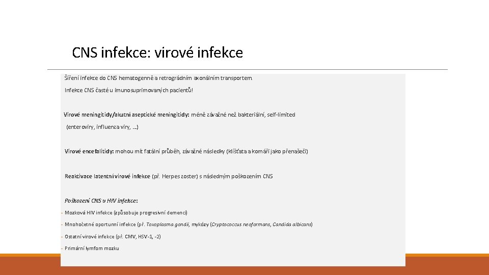 CNS infekce: virové infekce Šíření infekce do CNS hematogenně a retrográdním axonálním transportem. Infekce