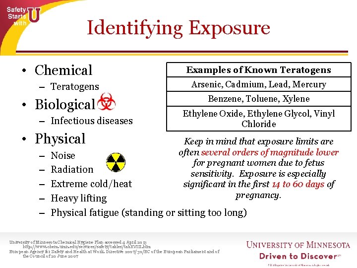 Identifying Exposure • Chemical – Teratogens • Biological – Infectious diseases • Physical –