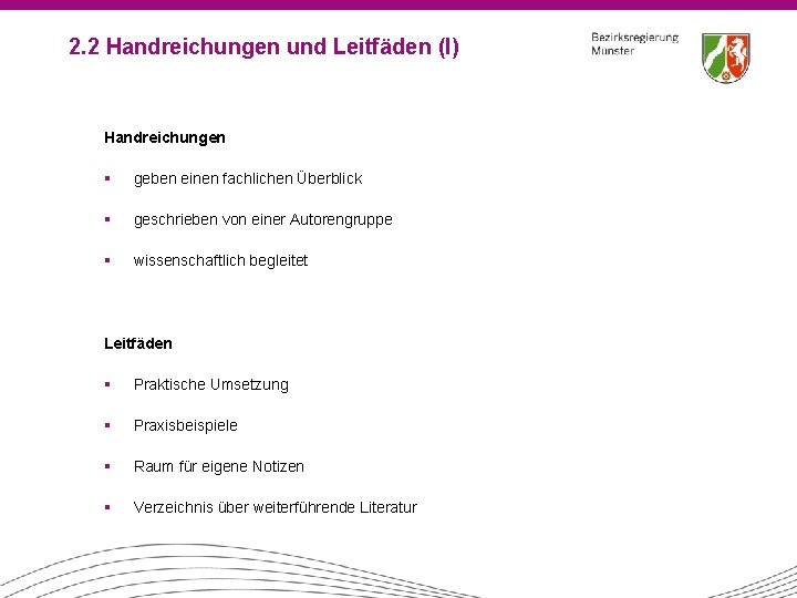 2. 2 Handreichungen und Leitfäden (I) Handreichungen § geben einen fachlichen Überblick § geschrieben