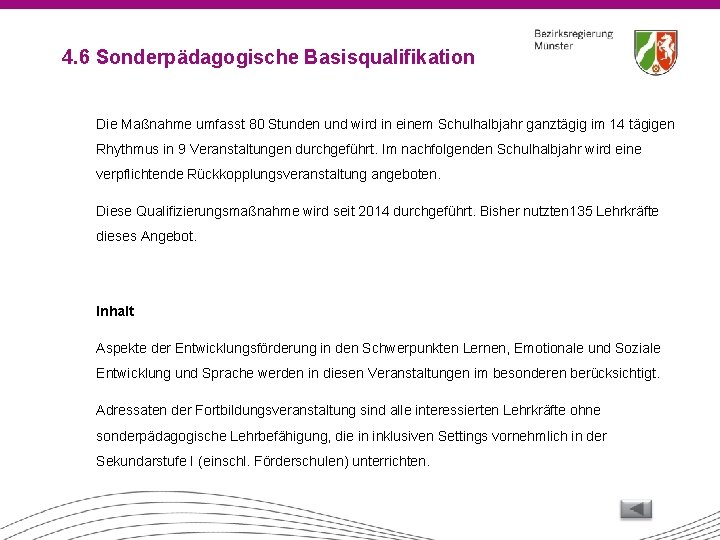 4. 6 Sonderpädagogische Basisqualifikation Die Maßnahme umfasst 80 Stunden und wird in einem Schulhalbjahr