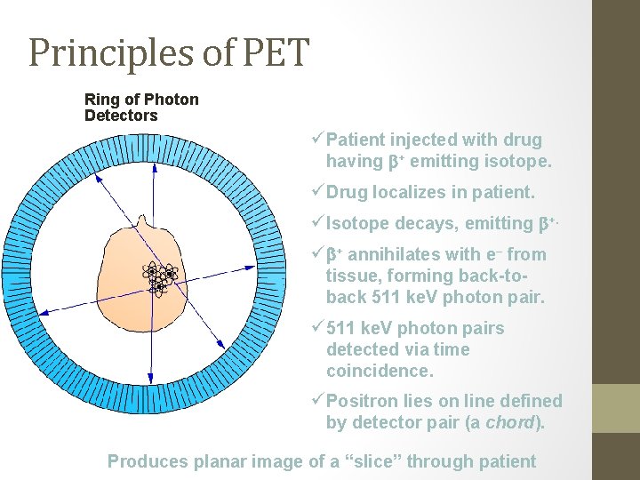 Principles of PET Ring of Photon Detectors ü Patient injected with drug having + Principles of PET Ring of Photon Detectors ü Patient injected with drug having +
