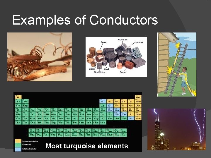 Examples of Conductors Most turquoise elements 